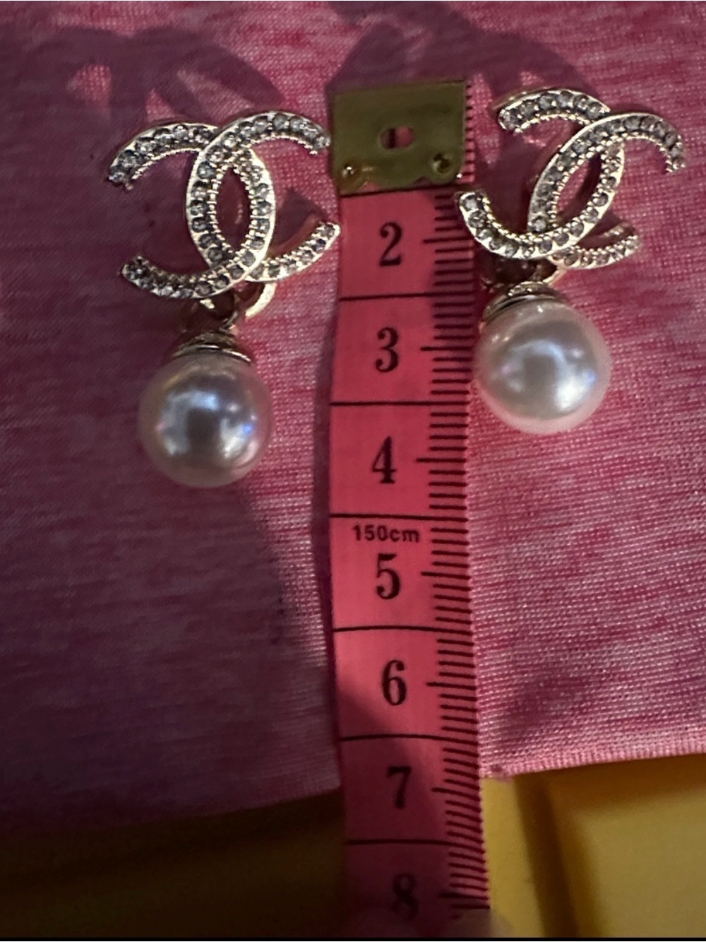 CHANEL Gold CC Crystal Drop Earrings with Pink Pearl Drops - Picture 3 of 6